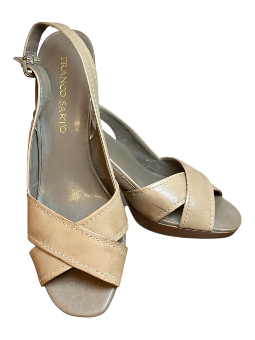 Franco Sarto Leather High Heels Sling Back Open Toe Beige Size 10M